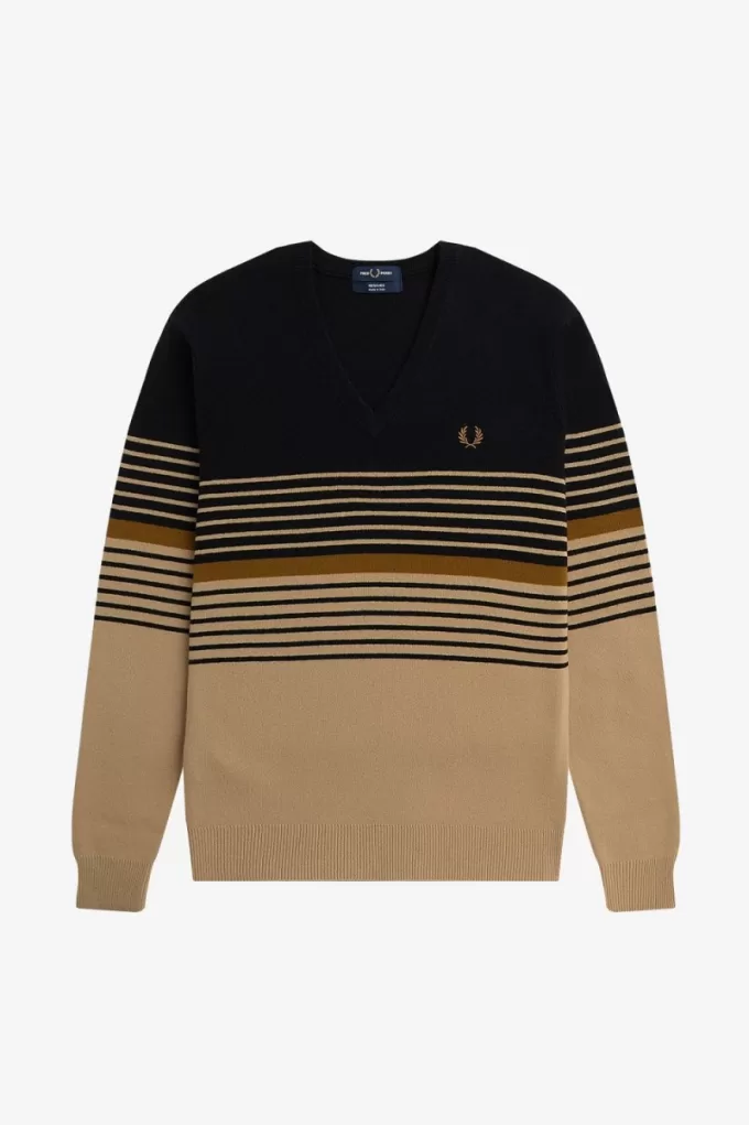 Lambswool Gestreifter Herrenpullover Khaki