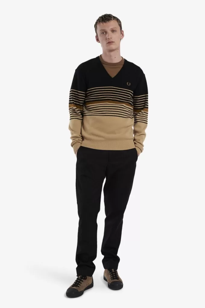 Lambswool Gestreifter Herrenpullover Khaki