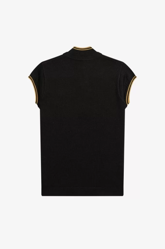 Metallic Gestricktes Damen-Poloshirt Schwarz