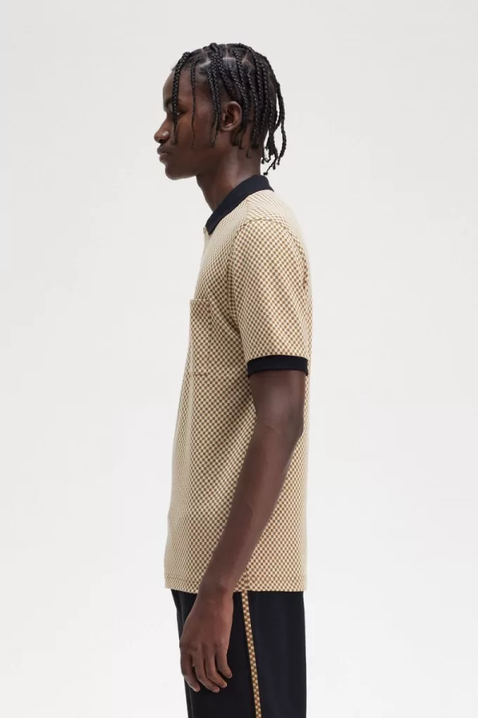 Micro Chequerboard Herren-Poloshirt Oatmeal Dark Coffee