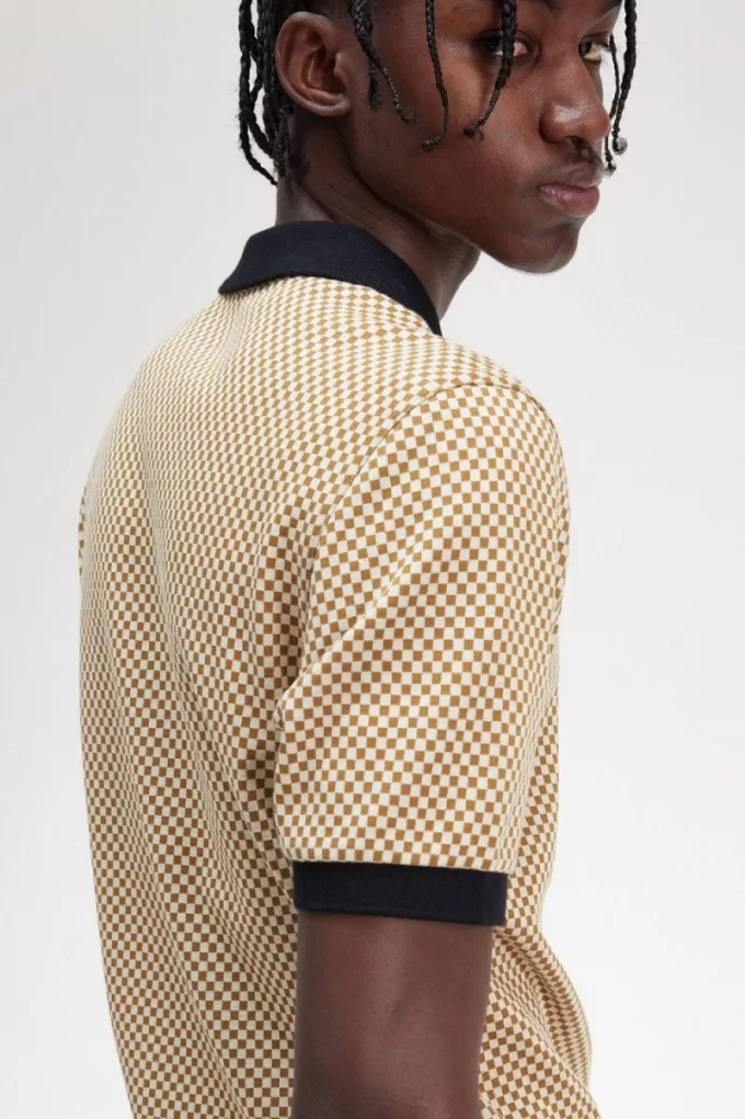 Micro Chequerboard Herren-Poloshirt Oatmeal Dark Coffee