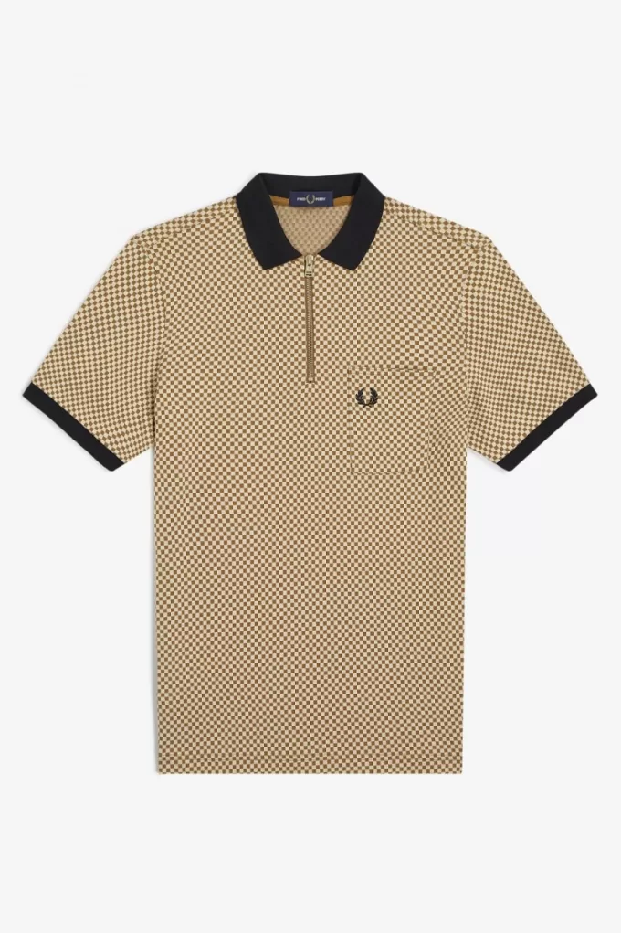 Micro Chequerboard Herren-Poloshirt Oatmeal Dark Coffee