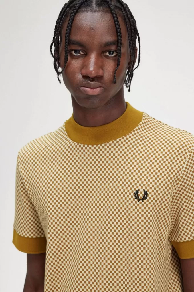 Micro Chequerboard Herren T-Shirt Oatmeal Dark Coffee