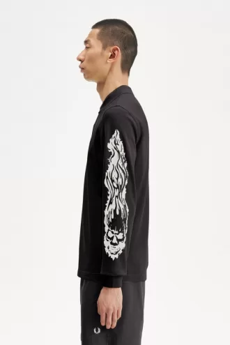 Noongoons Langarm-Grafik-Poloshirt für Herren, Schwarz