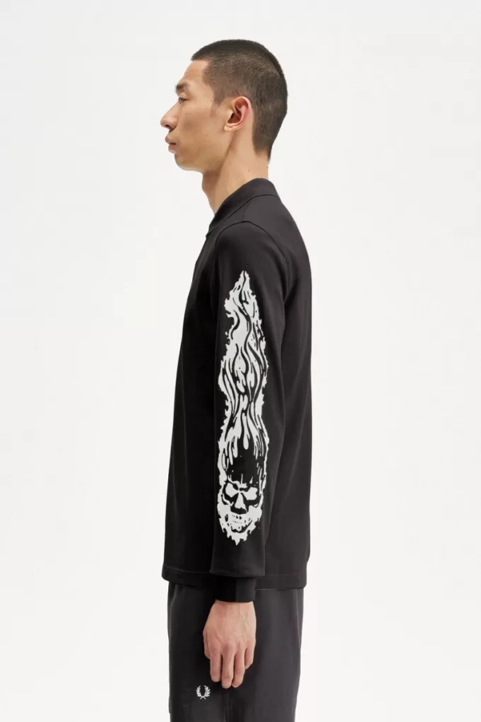 Noongoons Langarm-Grafik-Poloshirt für Herren, Schwarz