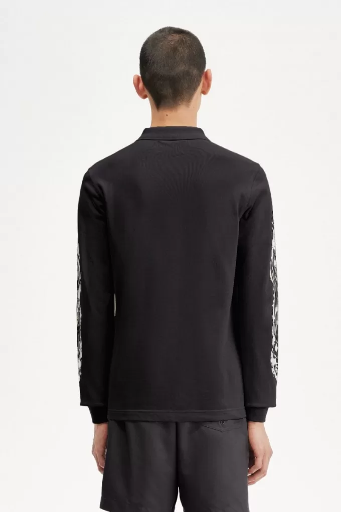 Noongoons Langarm-Grafik-Poloshirt für Herren, Schwarz