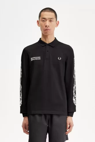 Noongoons Langarm-Grafik-Poloshirt für Herren, Schwarz