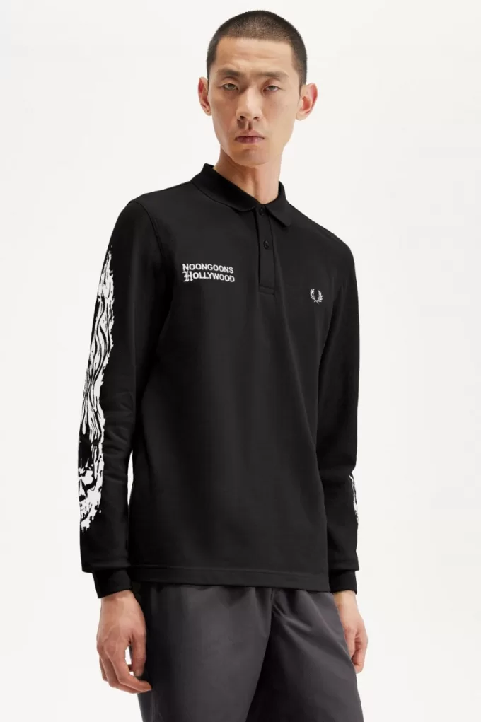 Noongoons Langarm-Grafik-Poloshirt für Herren, Schwarz