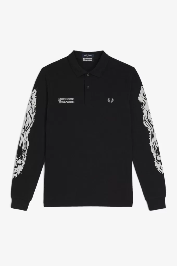 Noongoons Langarm-Grafik-Poloshirt für Herren, Schwarz