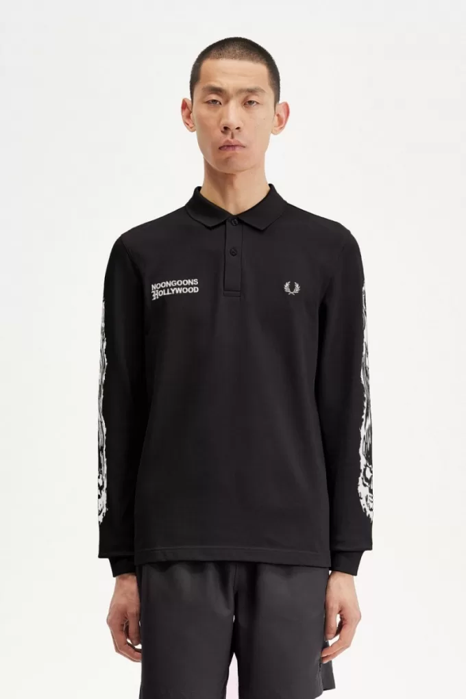Noongoons Langarm-Grafik-Poloshirt für Herren, Schwarz