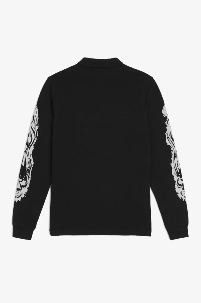 Noongoons Langarm-Grafik-Poloshirt für Herren, Schwarz