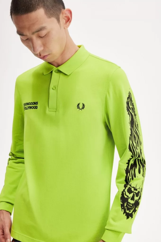 Noongoons Langarm-Grafik-Poloshirt für Herren in Limettengrün