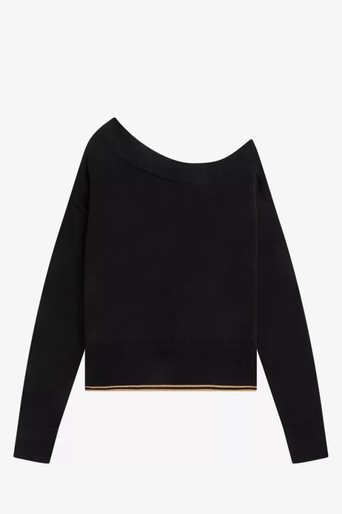 Off-The-Shoulder-Strick-T-Shirt für Damen in Schwarz Off-The-Shoulder-Strick-T-Shirt für Damen in Schwarz