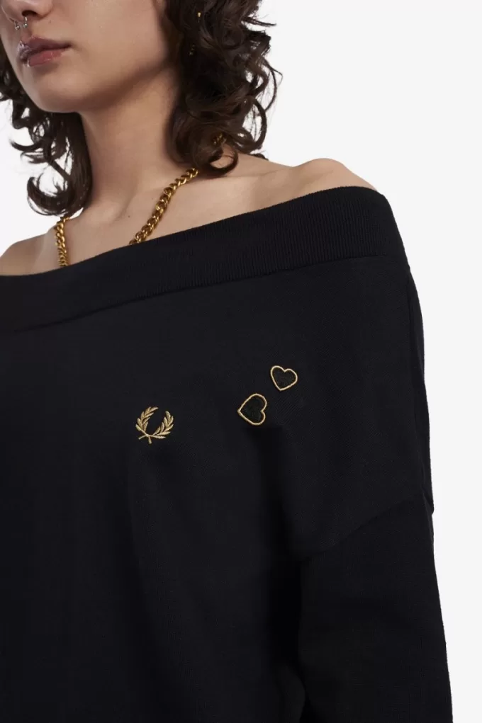 Off-The-Shoulder-Strick-T-Shirt für Damen in Schwarz Off-The-Shoulder-Strick-T-Shirt für Damen in Schwarz