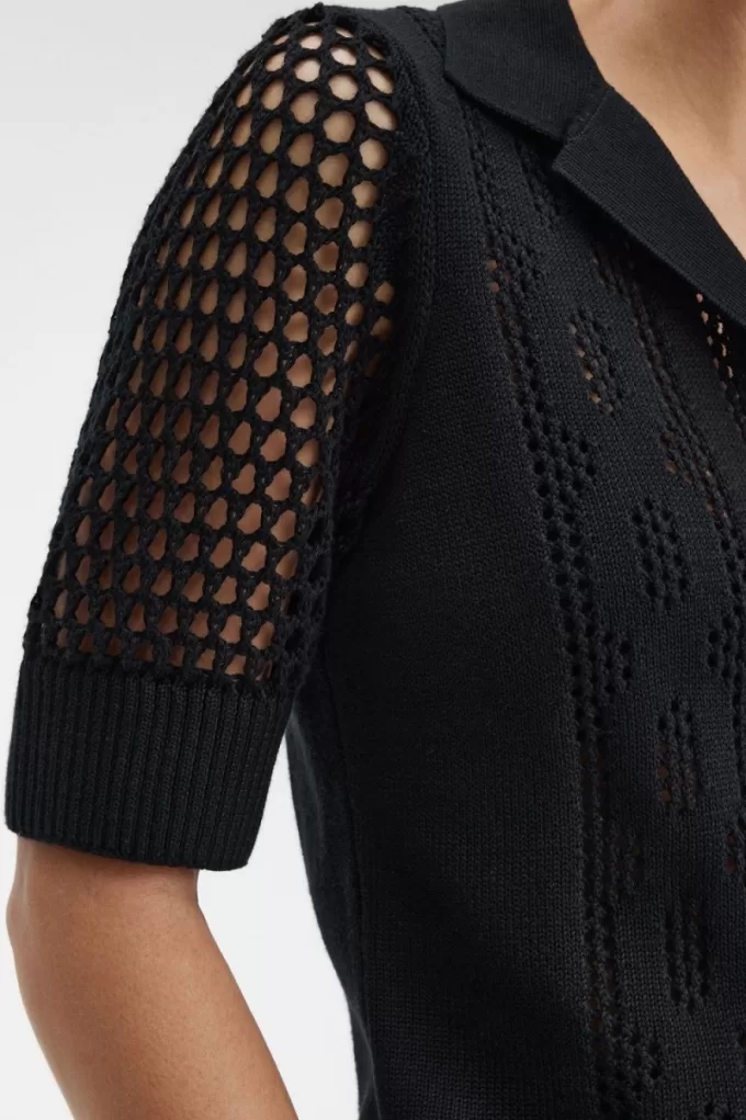 Open-Knit Button-Through Damenhemd Schwarz Open-Knit Button-Through Damenhemd Schwarz