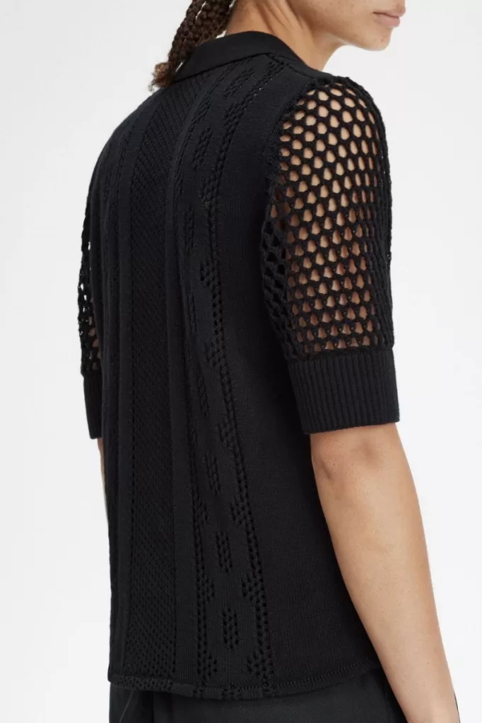 Open-Knit Button-Through Damenhemd Schwarz Open-Knit Button-Through Damenhemd Schwarz