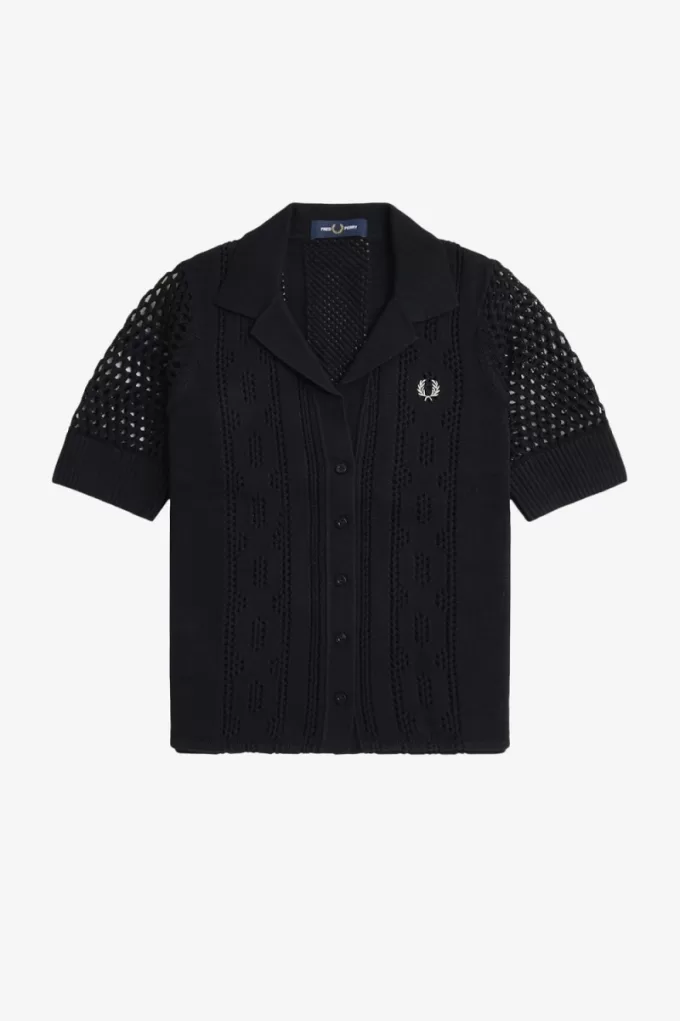 Open-Knit Button-Through Damenhemd Schwarz Open-Knit Button-Through Damenhemd Schwarz