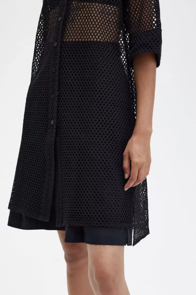 Open-Knit Shirt Damenkleid Schwarz