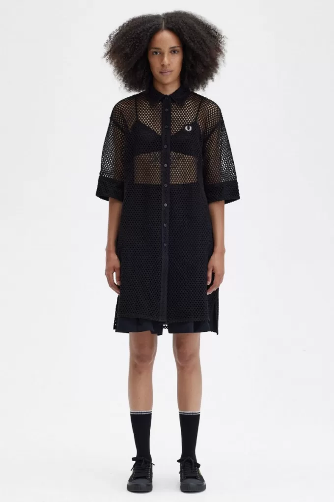 Open-Knit Shirt Damenkleid Schwarz