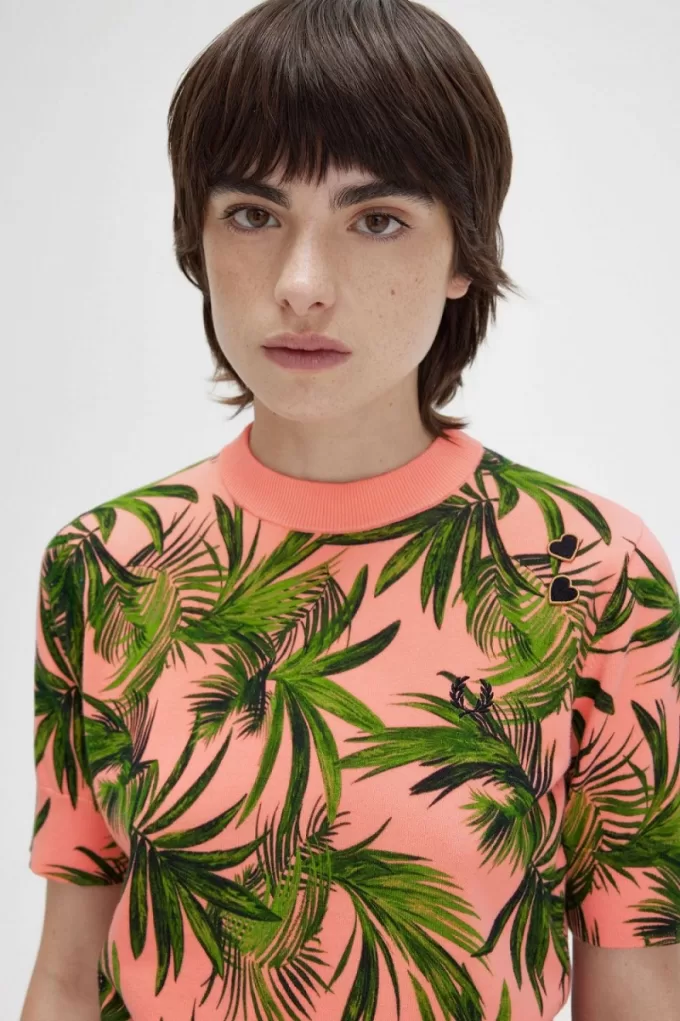 Palm Print Damenpullover Coral Heat