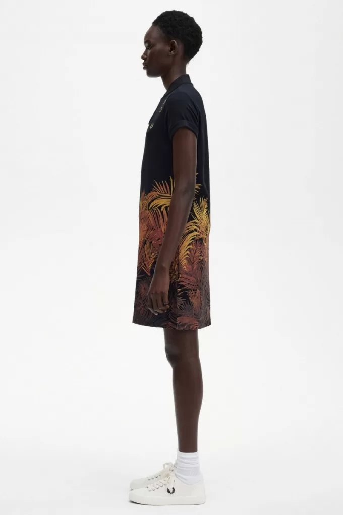 Palm Print Piqué Damenkleid Schwarz