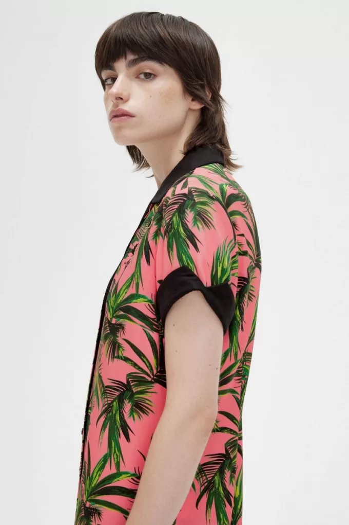 Palm Print Shirt Damenkleid Coral Heat