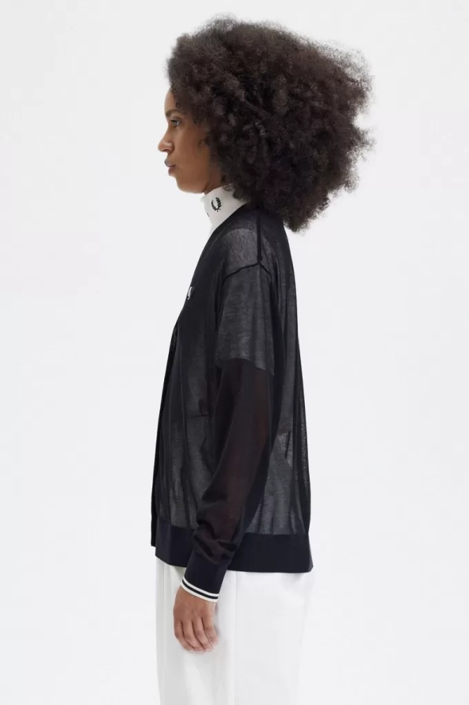 Sheer V-Ausschnitt Damen-Cardigan Schwarz