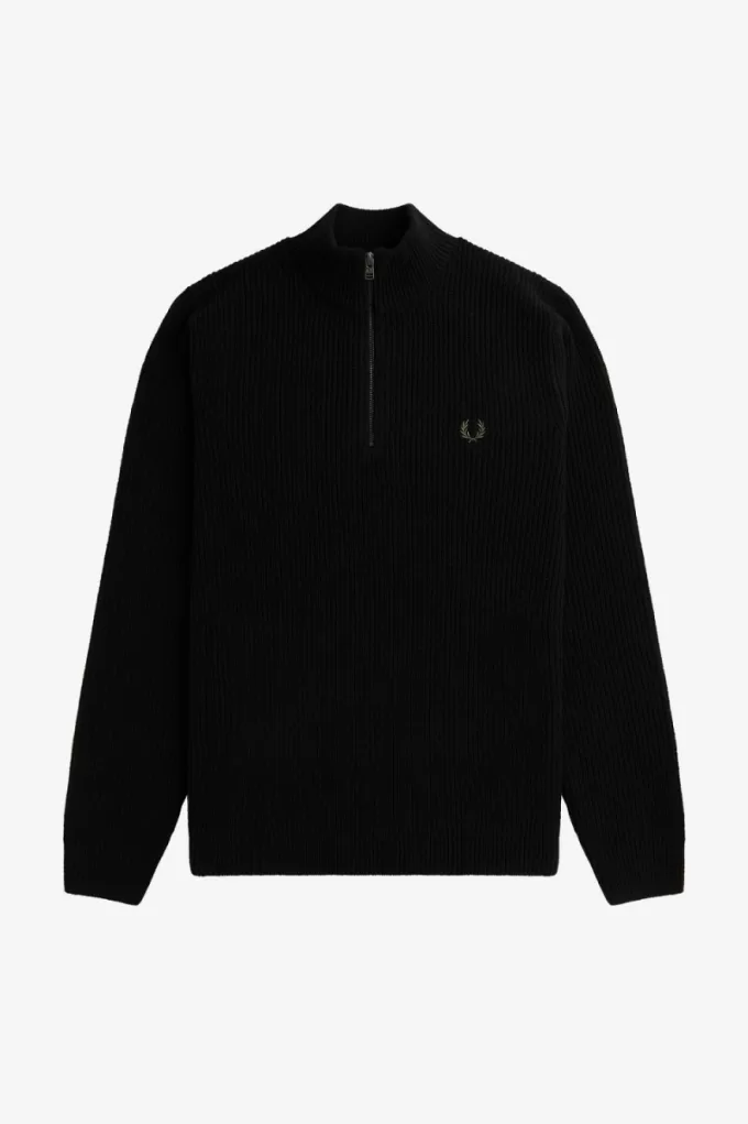 Strukturierter Herrenpullover mit halbem Reißverschluss, Schwarz Strukturierter Herrenpullover mit halbem Reißverschluss, Schwarz