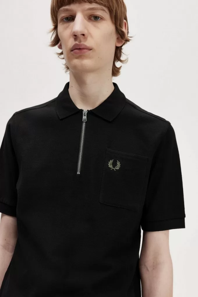 Textured Zip Neck Herren-Poloshirt Schwarz Textured Zip Neck Herren-Poloshirt Schwarz