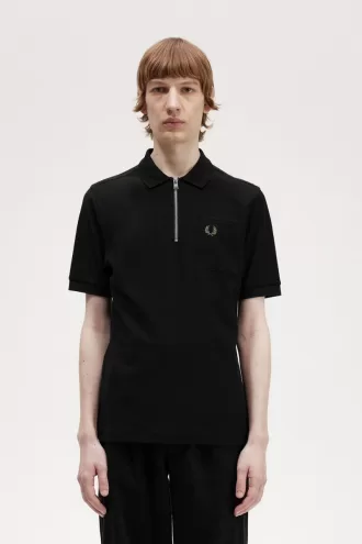 Textured Zip Neck Herren-Poloshirt Schwarz