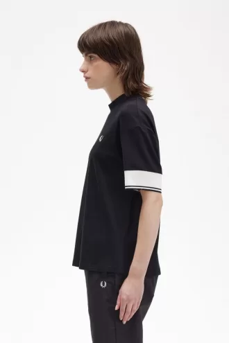 Tipped Cuff Piqué Damen T-Shirt Schwarz