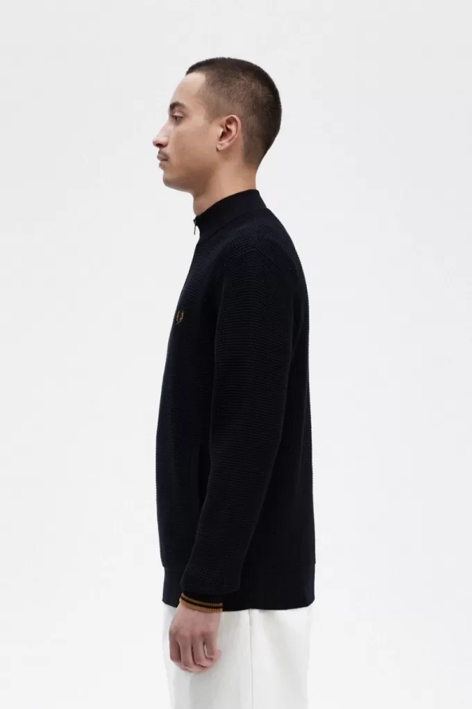 Waffle Stitch Half Zip Herrenpullover Navy