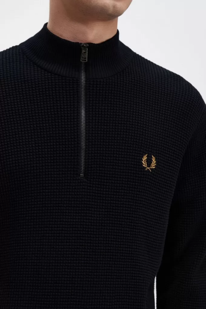 Waffle Stitch Half Zip Herrenpullover Navy