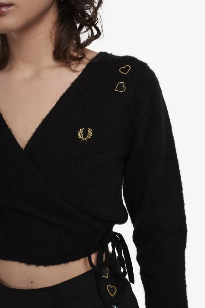 Wrap Damen Strickjacke Schwarz