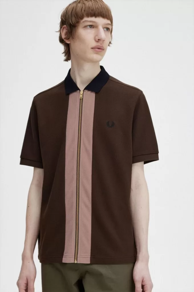 Zip Through Herren-Poloshirt Burnt Tobacco
