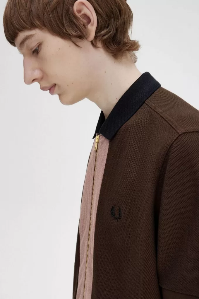 Zip Through Herren-Poloshirt Burnt Tobacco