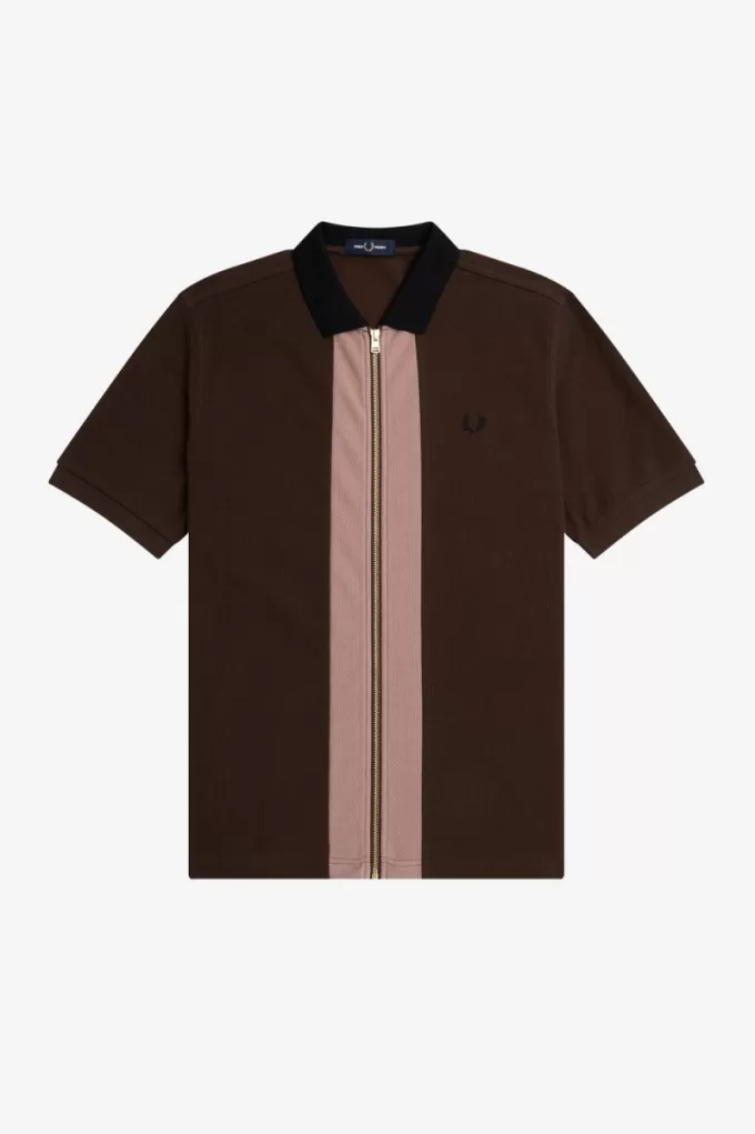 Zip Through Herren-Poloshirt Burnt Tobacco