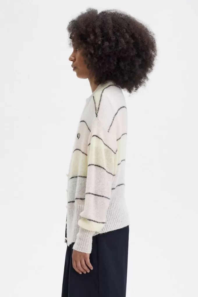 gestreifter, offen gestrickter Damen-Cardigan, seidig pfirsichfarben