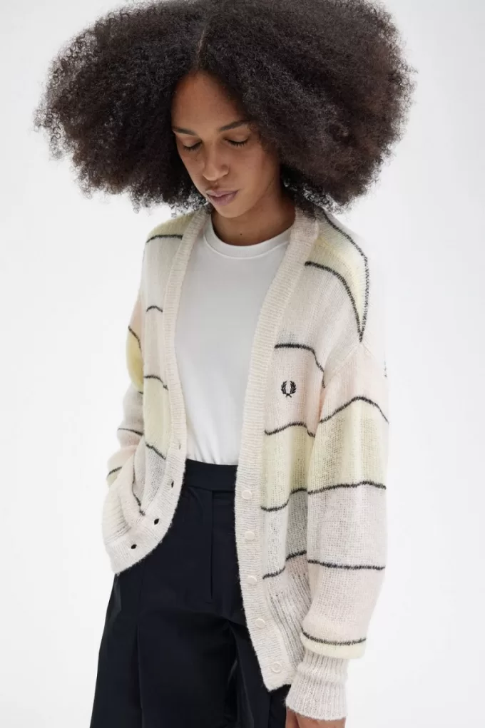 gestreifter, offen gestrickter Damen-Cardigan, seidig pfirsichfarben