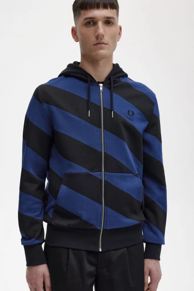 gestreiftes Herren-Sweatshirt mit durchgehender Kapuze und Kapuze in Schwarz