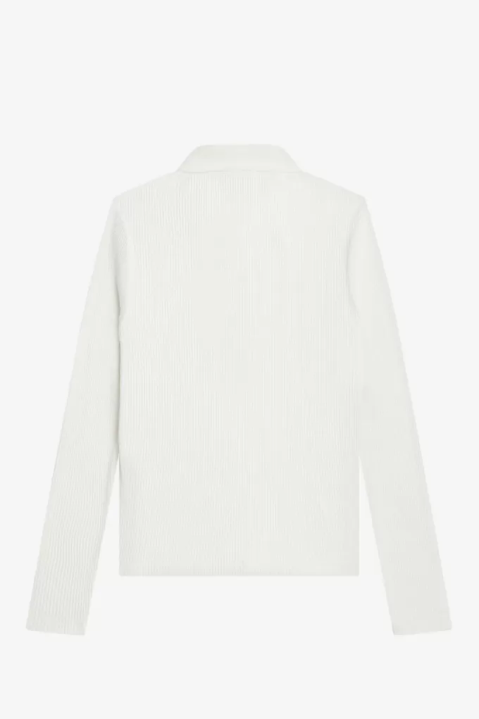 langärmliges geripptes Damen-Poloshirt Schneeweiß