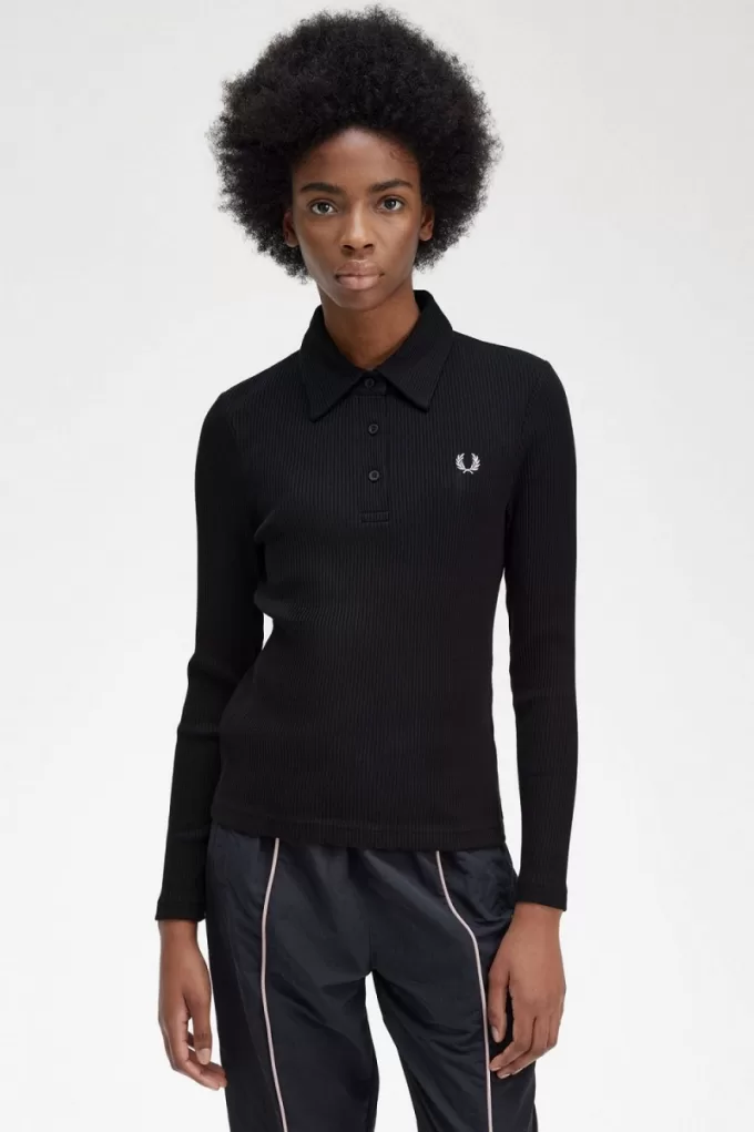 langärmliges, geripptes Damen-Poloshirt in Schwarz