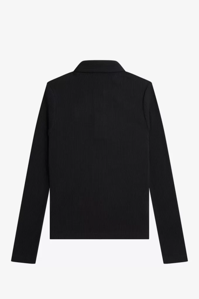 langärmliges, geripptes Damen-Poloshirt in Schwarz