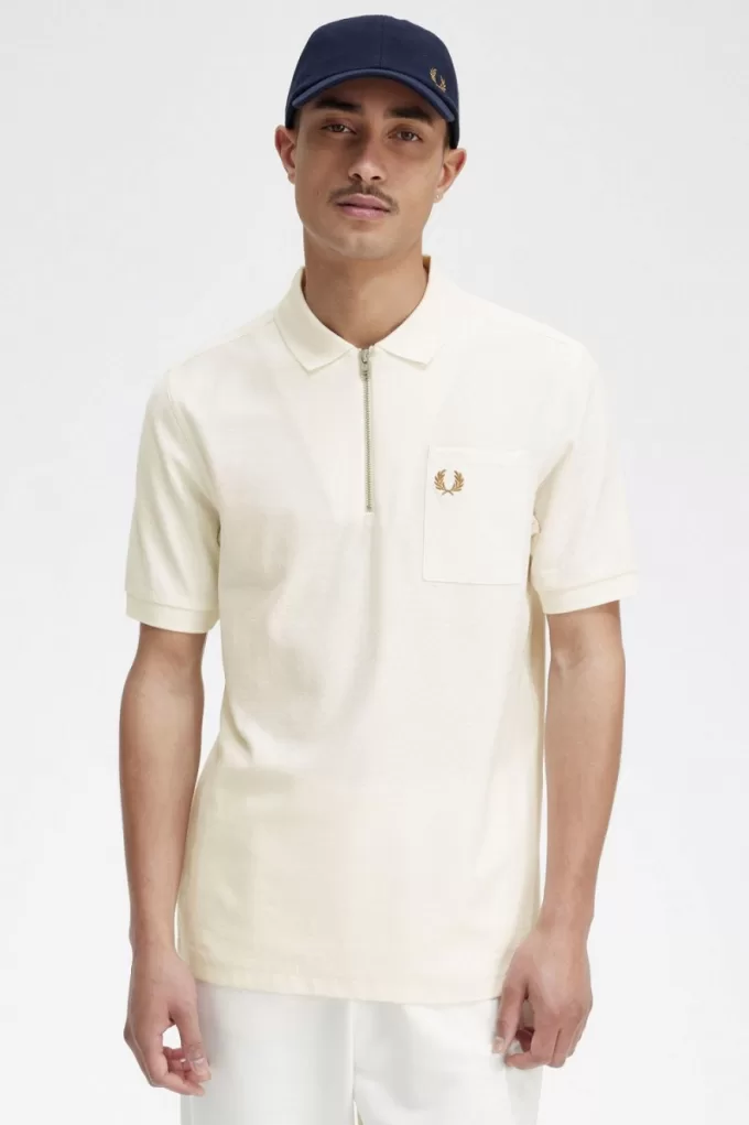 strukturiertes Herren-Poloshirt mit Reißverschluss, Beige
