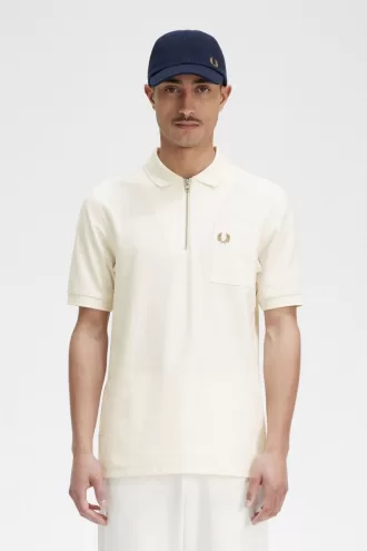 strukturiertes Herren-Poloshirt mit Reißverschluss, Beige